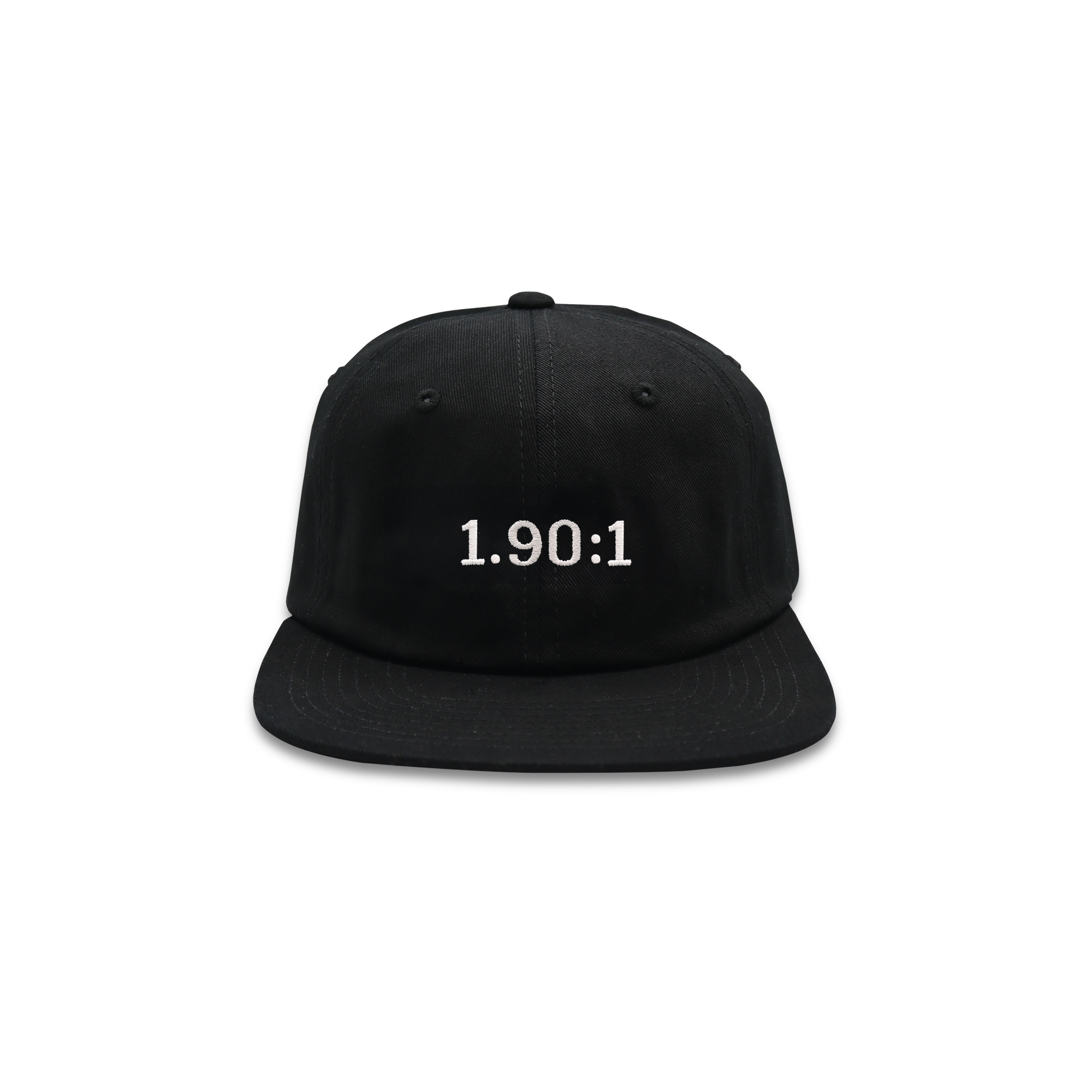 A black hat that has 1.90:1 printed in white on the front.