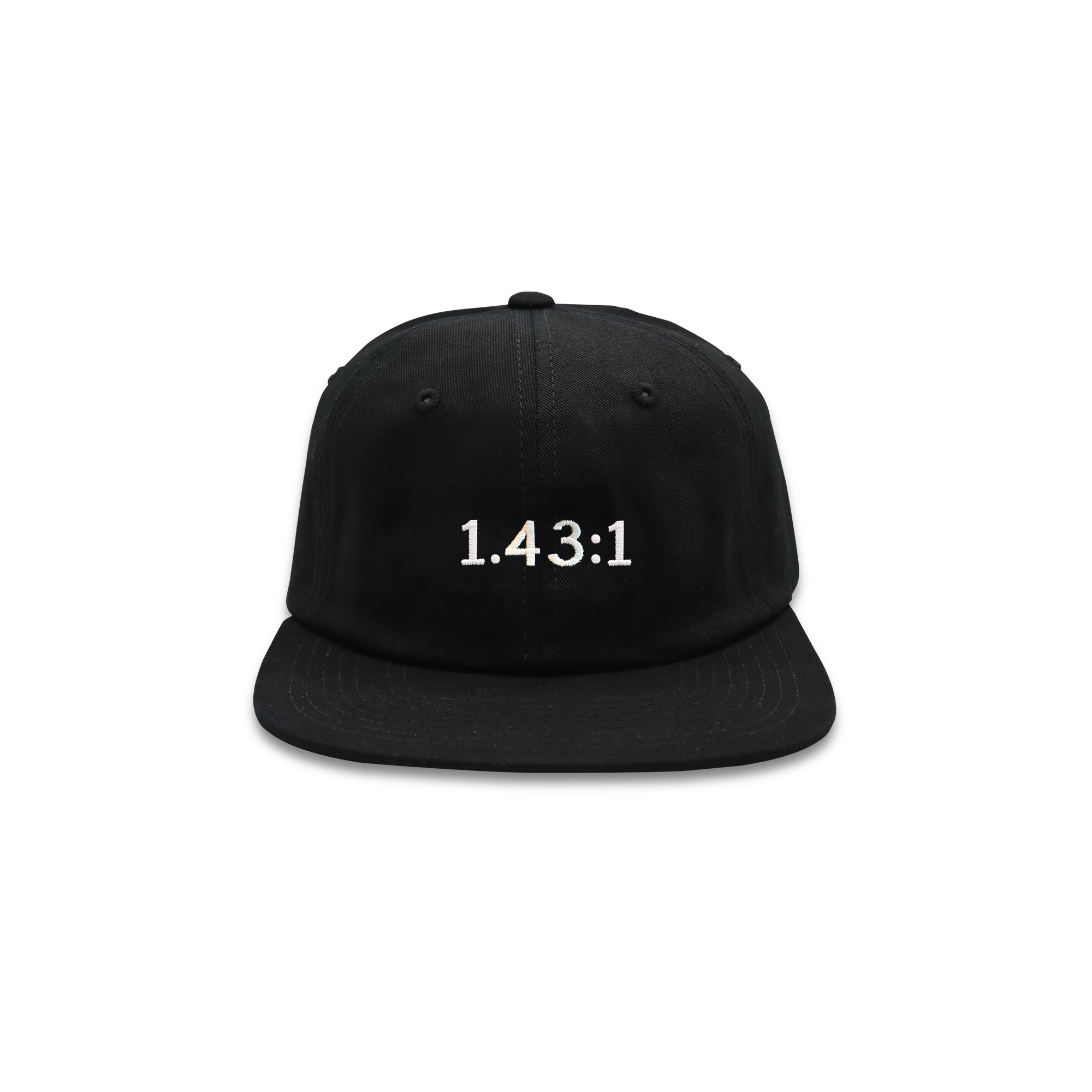 A black hat that has 1.43:1 printed in white on the front.