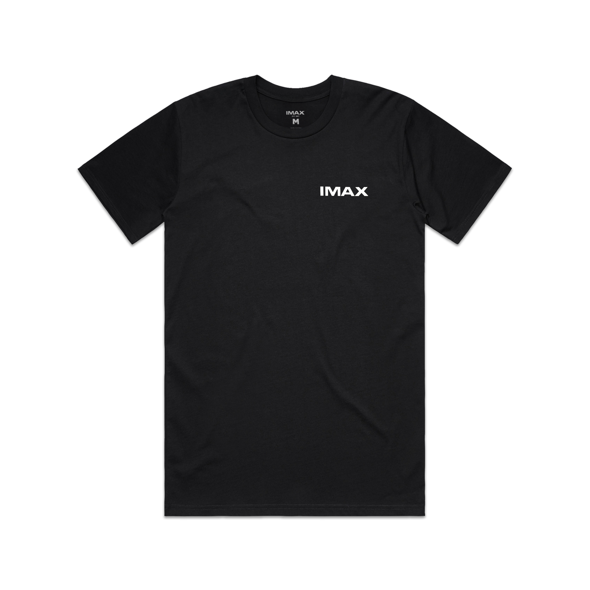 Black short-sleeve T-shirt with “The World’s Most Immersive Experience” in blue on the front left chest, next to a circular design of six white IMAX logos forming an open ring.