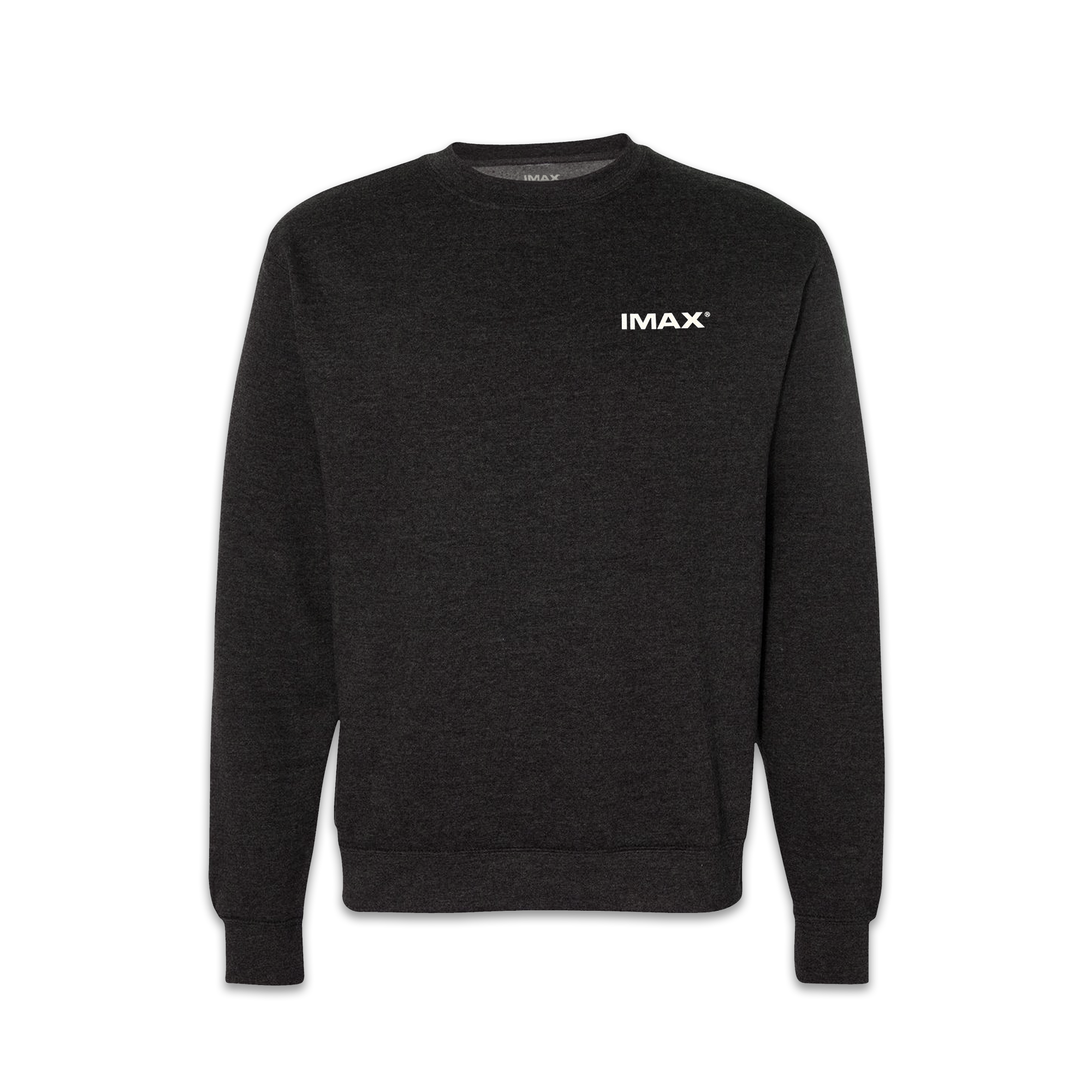 The front of a dark grey crewneck sweatshirt with a small white IMAX logo.