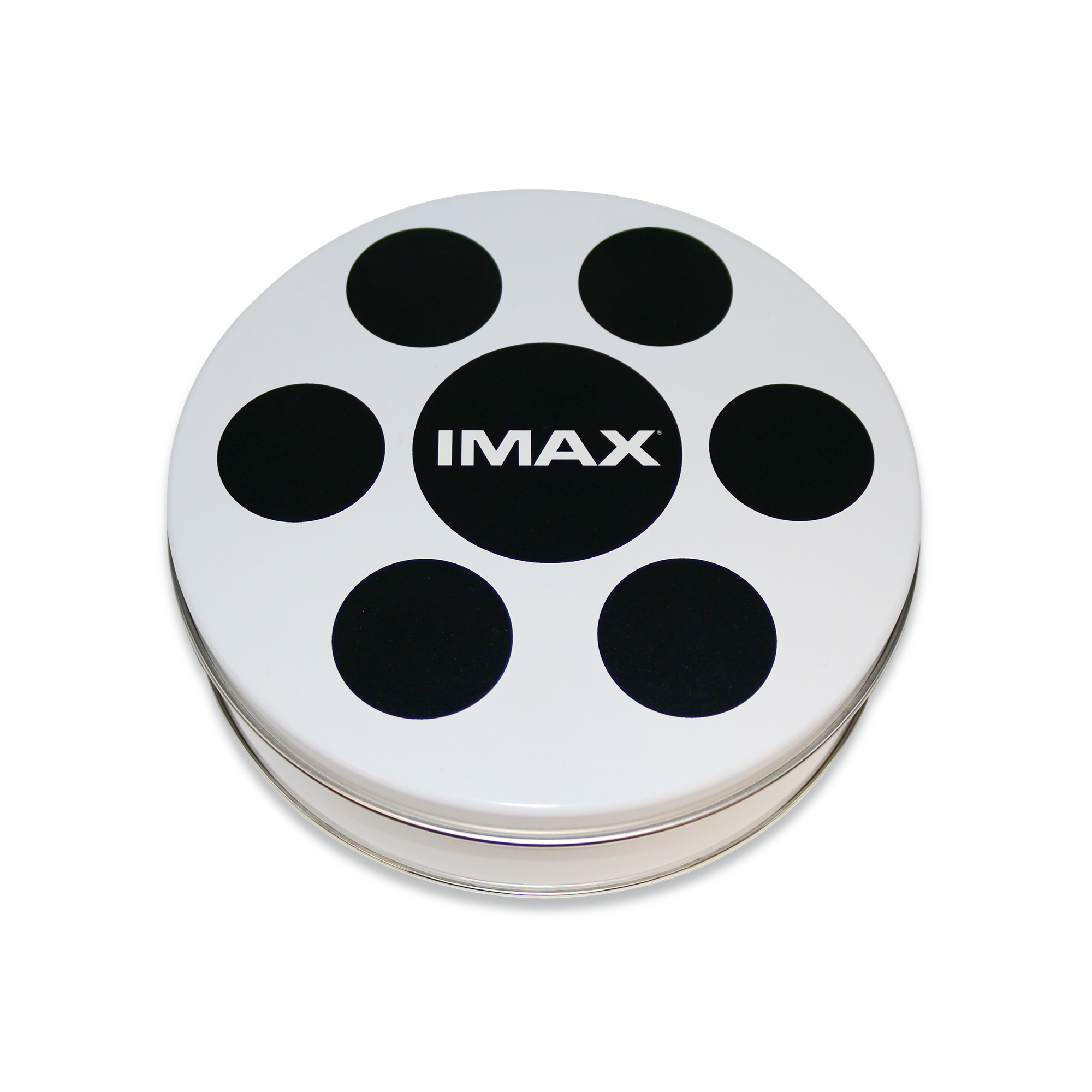 A sealed popcorn canister designed to resemble a film reel with an IMAX logo on the lid.