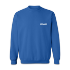 The front of a blue crewneck sweatshirt with a white IMAX logo.