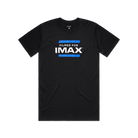 The front of a black T-shirt with Filmed For IMAX print in white with two high-density blue lines mimicking the look of blue tape used on our IMAX cameras.