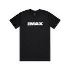 A black T-shirt with a large white IMAX artwork mimicking a “tracking shot” in front.