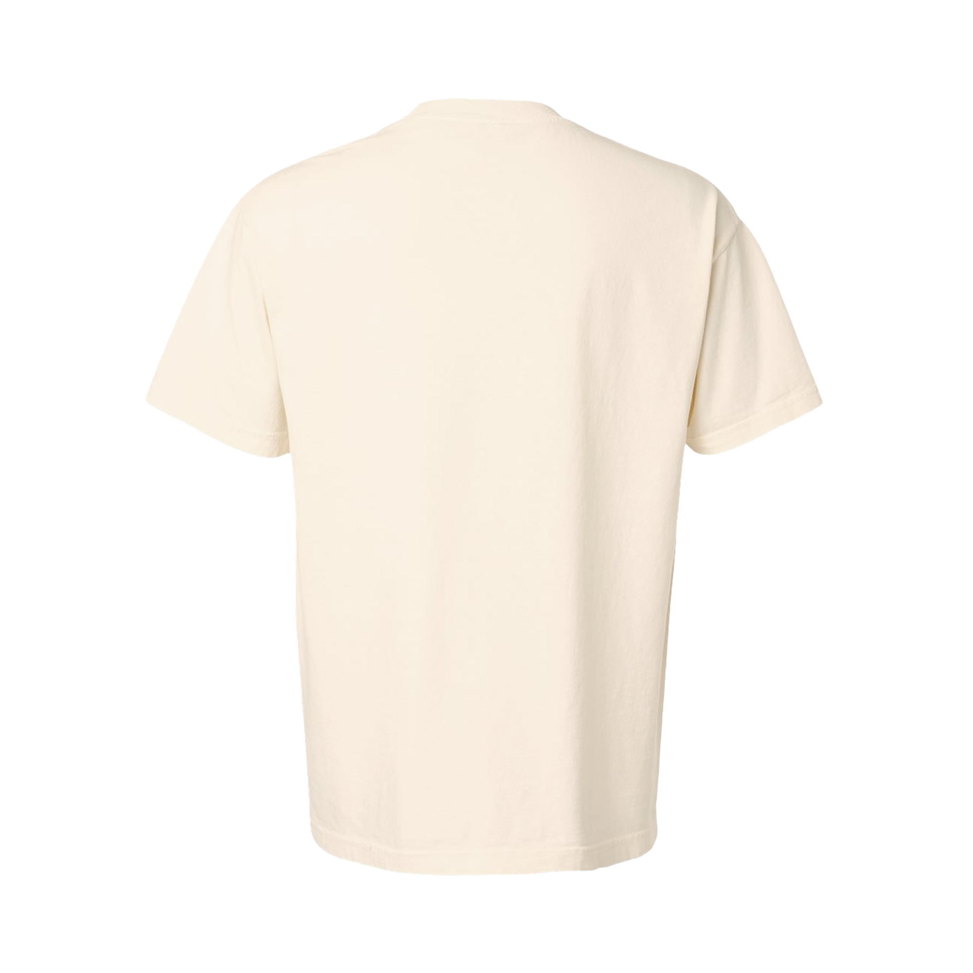 Cream short sleeve T-shirt featuring a small blue IMAX outline logo printed on the left chest with a classic crewneck fit