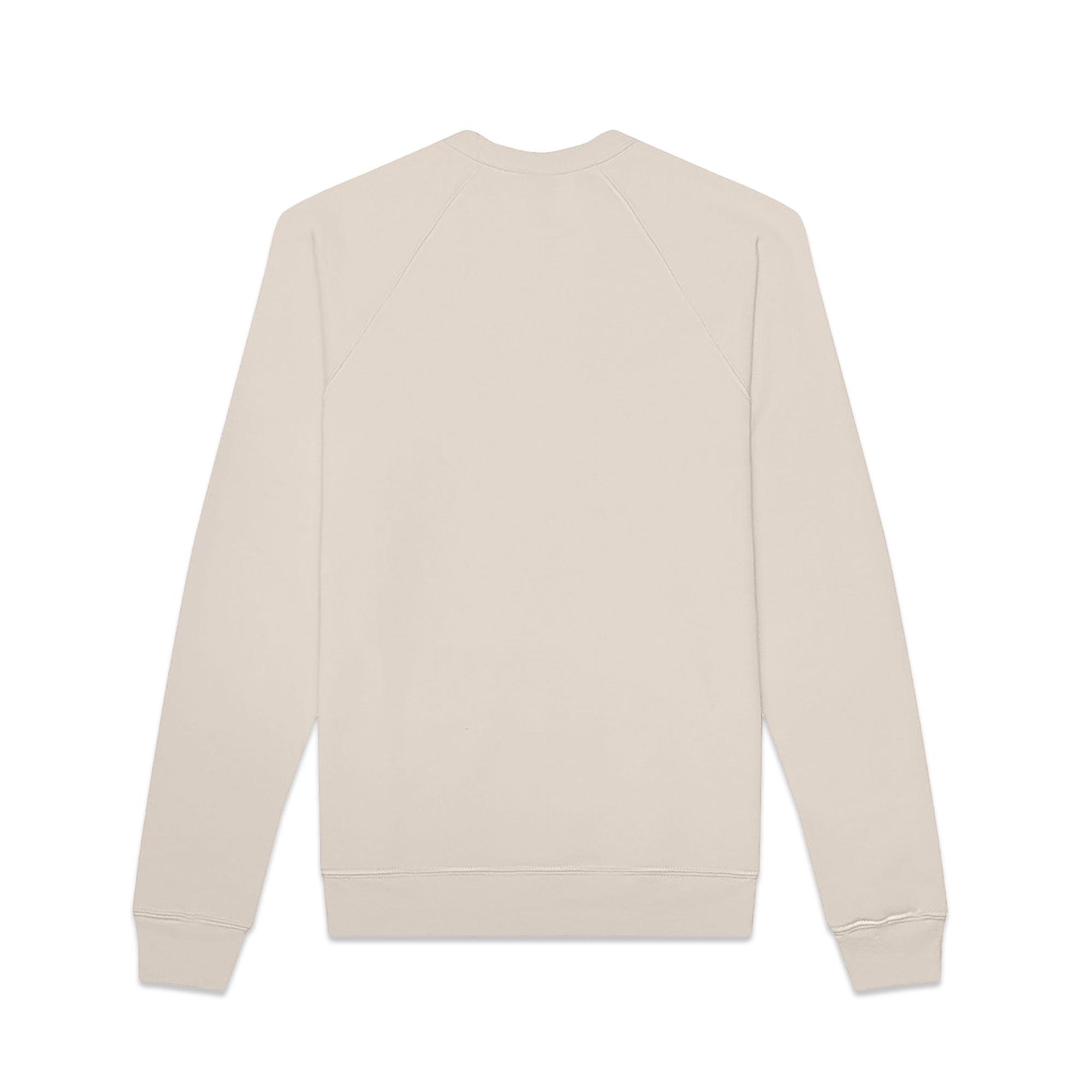 The back of an off-white crewneck sweatshirt.