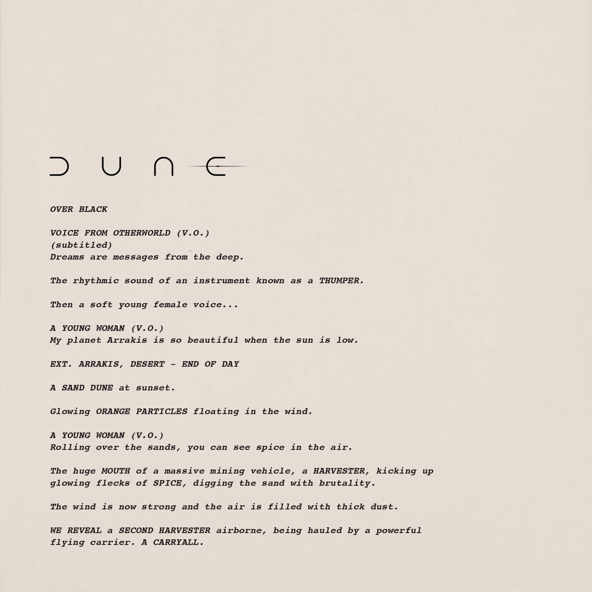 A close-up of the Dune: Part One screenplay text on the off-white sweatshirt.
