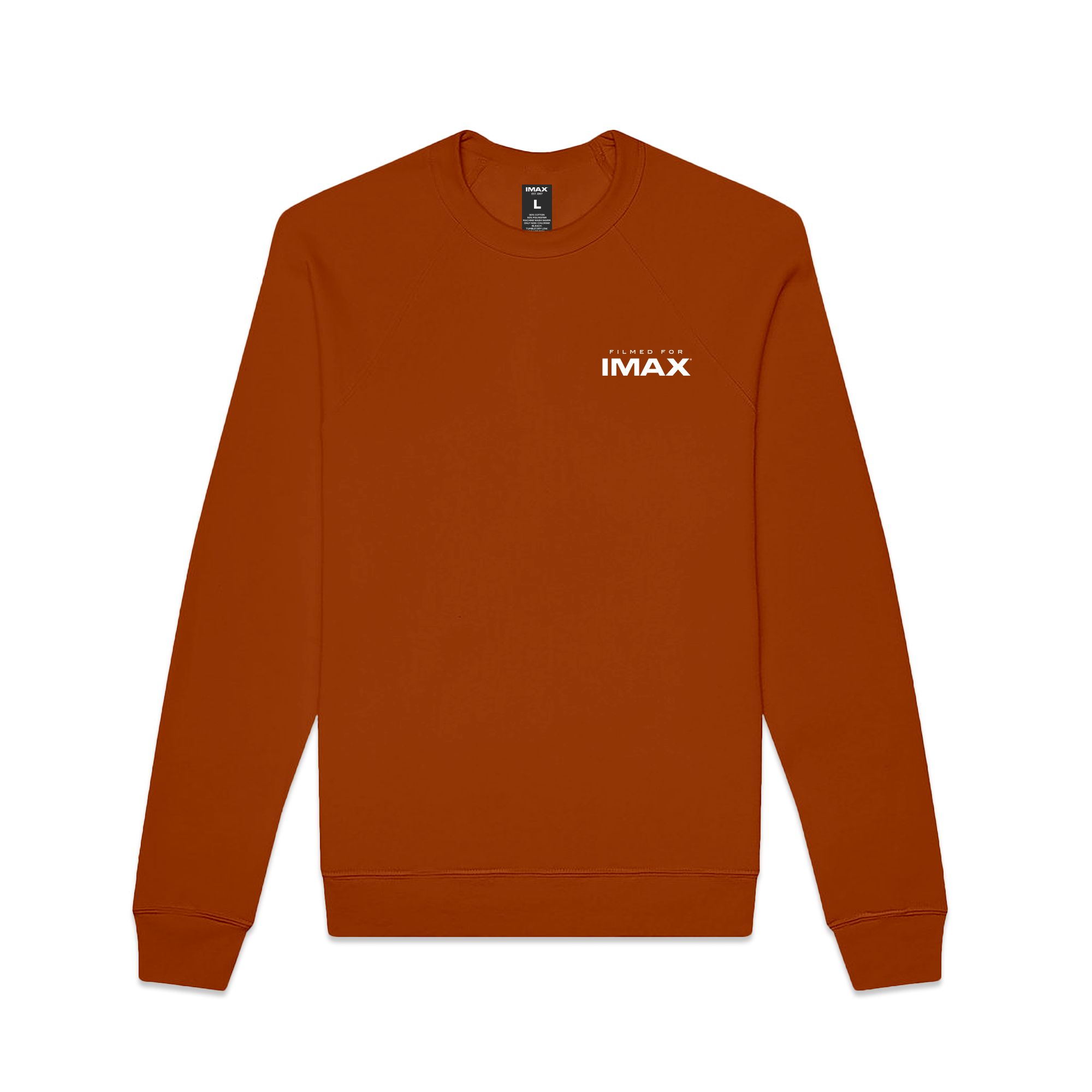 The front of a dark orange crewneck sweatshirt featuring 'Filmed for IMAX' written on it.