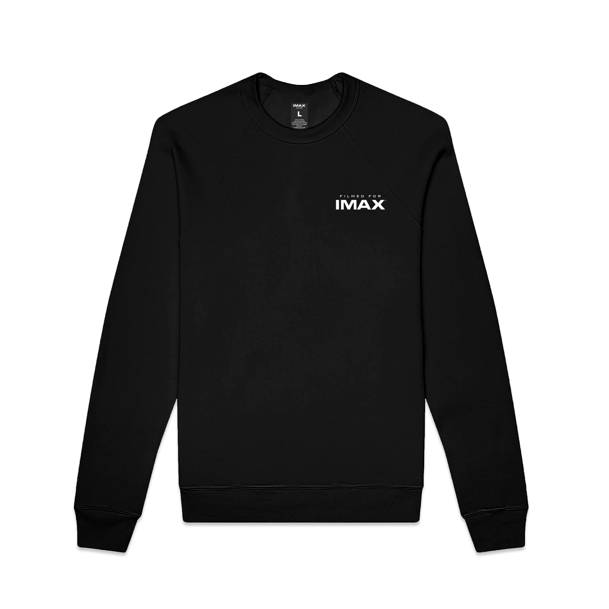 The front of a black crewneck sweatshirt with the Filmed for IMAX logo on the chest.