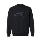 The front of a black crewneck sweatshirt featuring rectangular shapes that depict various cinematic aspect ratios in white, with the IMAX aspect ratios highlighted in blue.