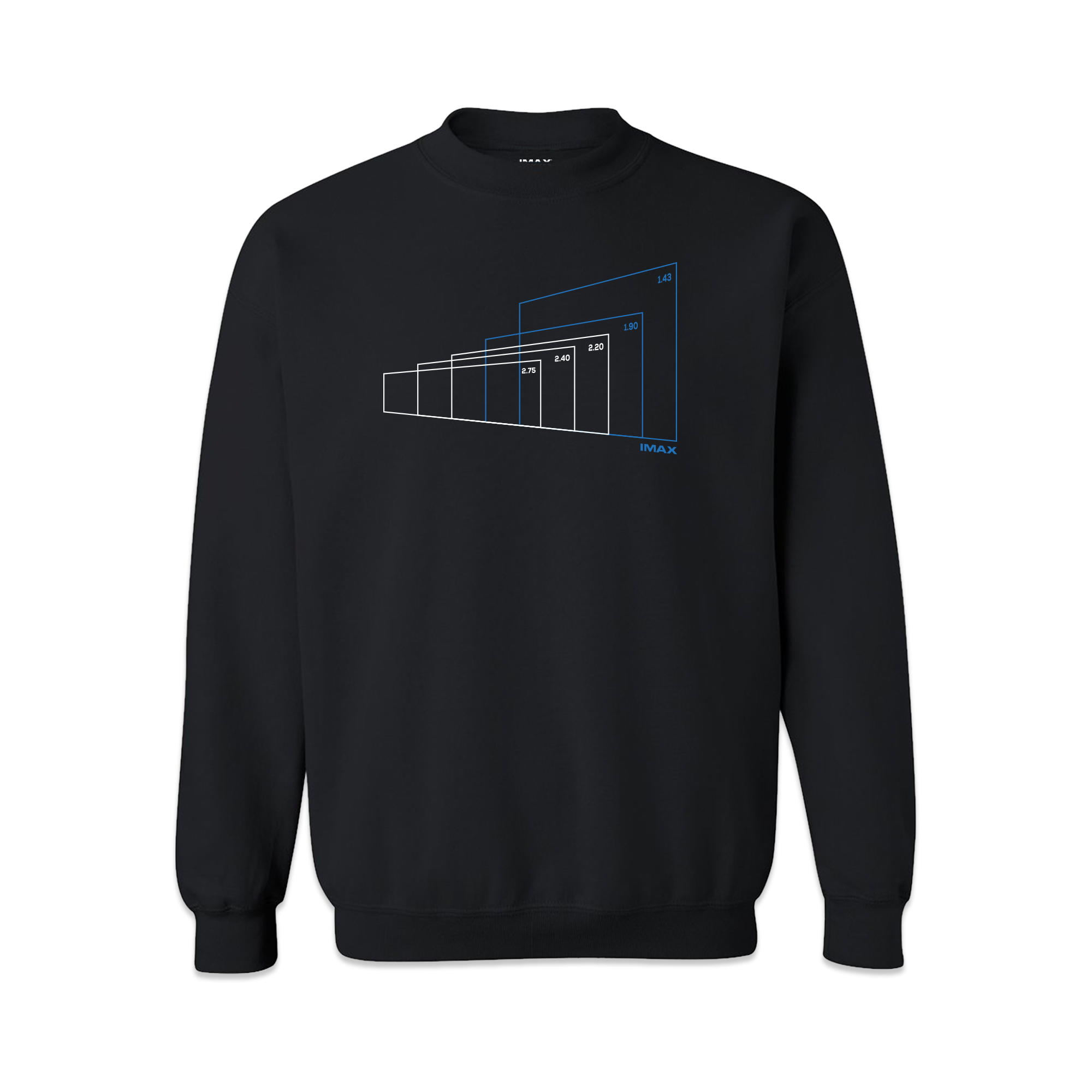 The front of a black crewneck sweatshirt featuring rectangular shapes that depict various cinematic aspect ratios in white, with the IMAX aspect ratios highlighted in blue.