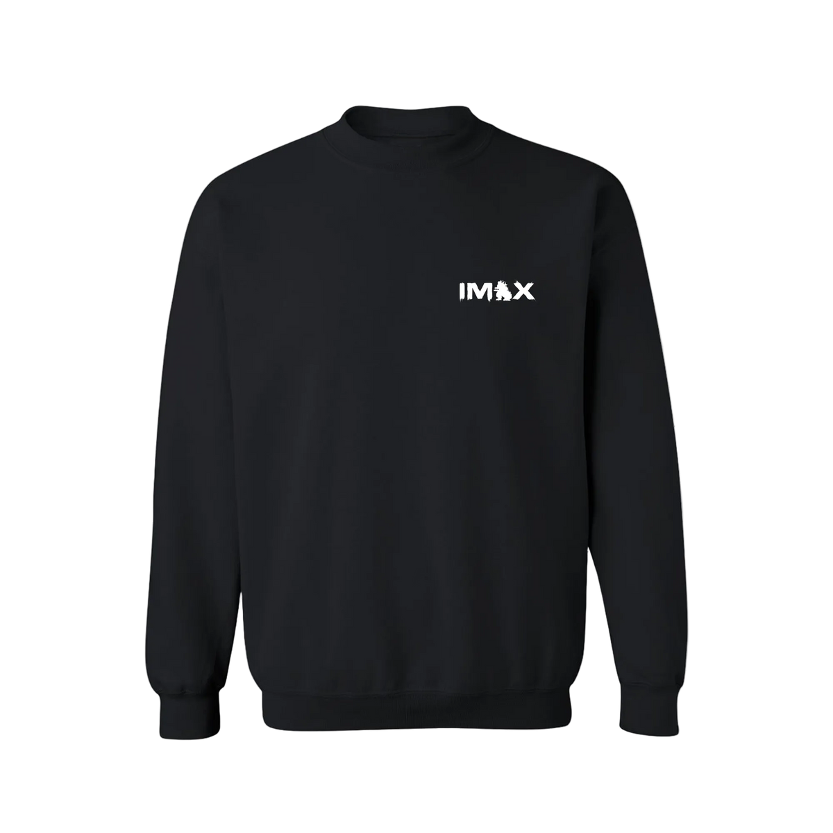 A black crewneck sweatshirt with a small white 'IMAX' logo printed on the left chest, displayed on a clean white background.