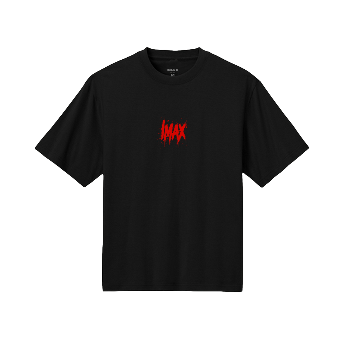 Black IMAX-branded short-sleeve T-shirt featuring the IMAX logo on the front and a slasher-style IMAX logo graphic across the back.