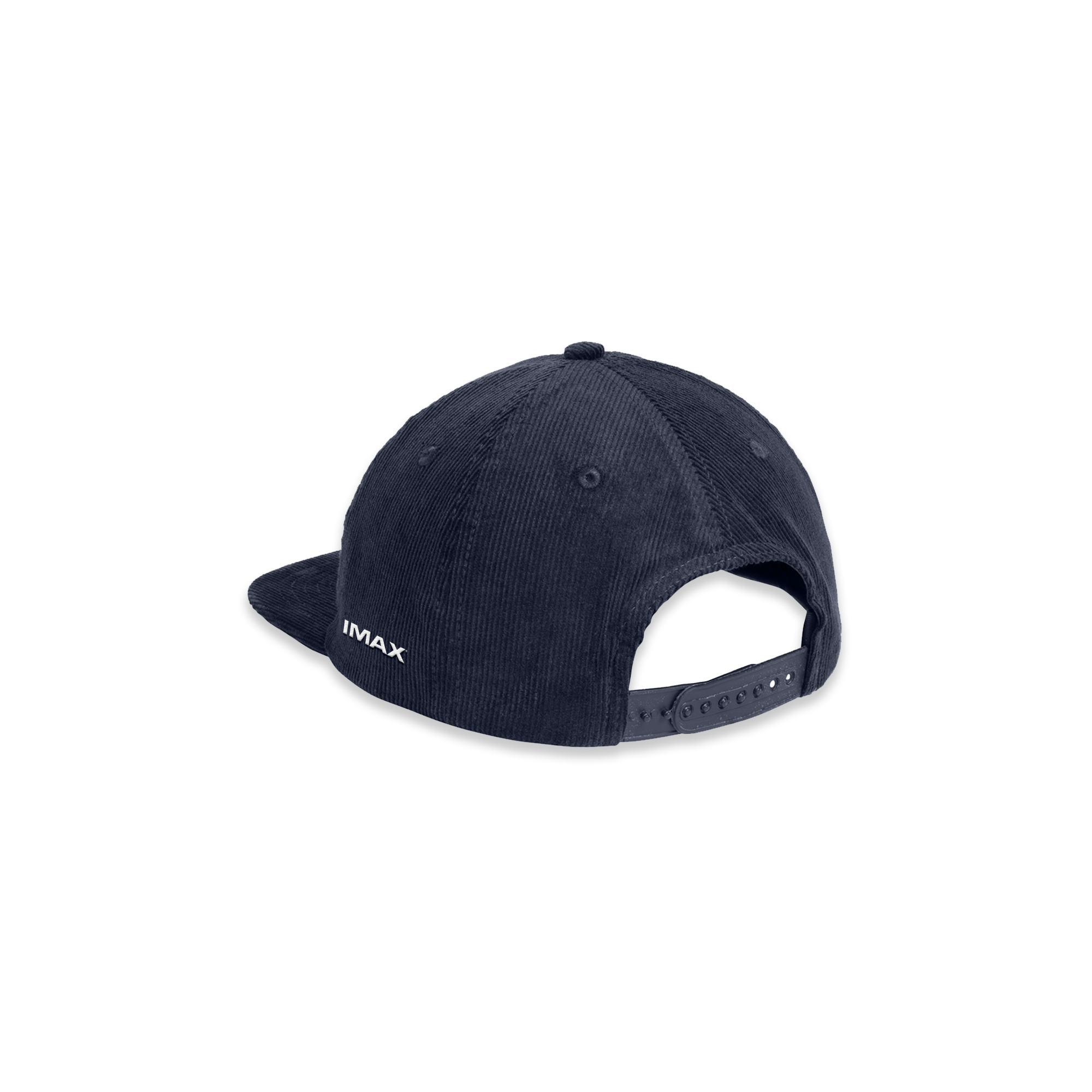 The back of a dark blue corduroy hat with snapback closure.