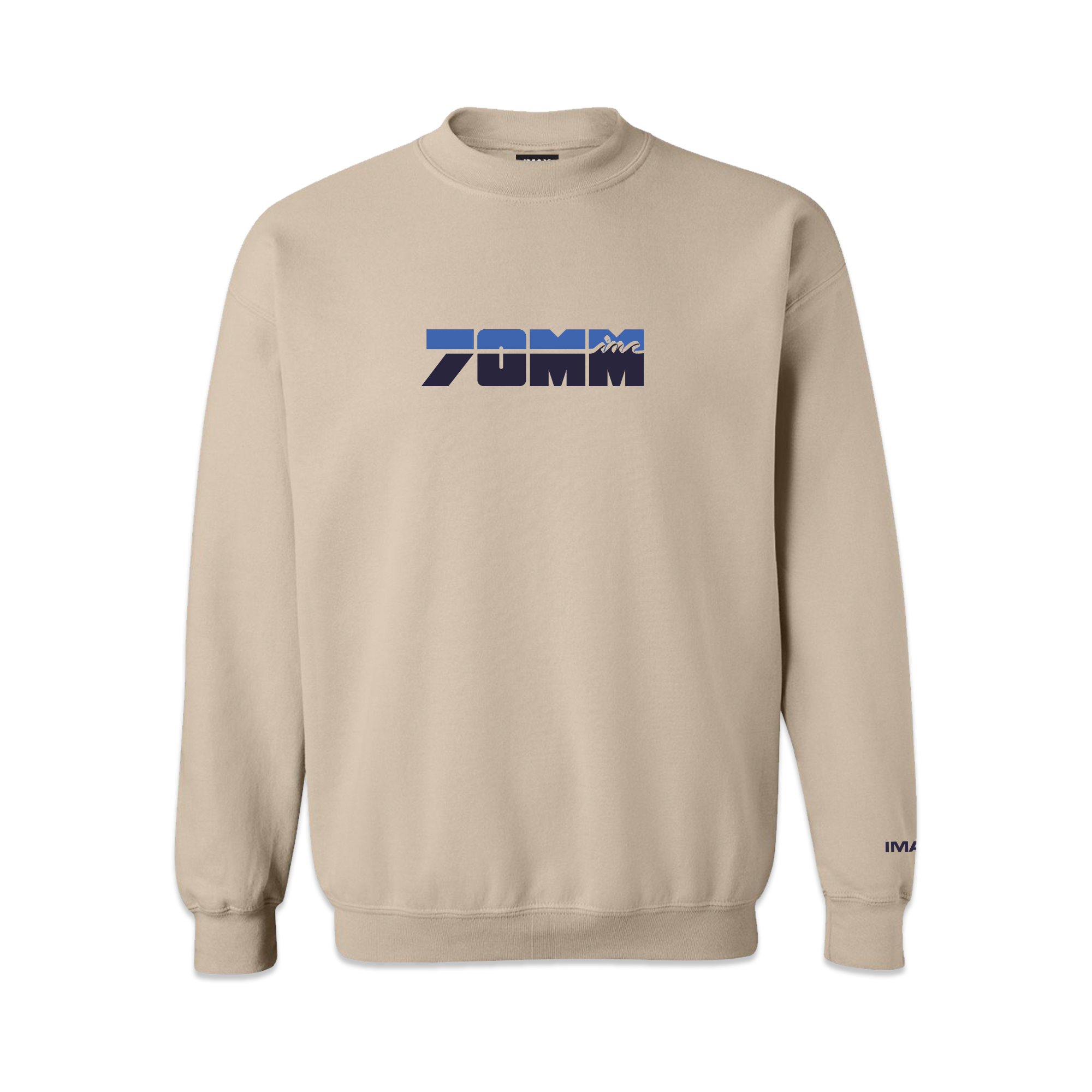 A tan crewneck sweatshirt with a black and blue retro-themed 70mm logo on the front and the IMAX logo on the sleeve.