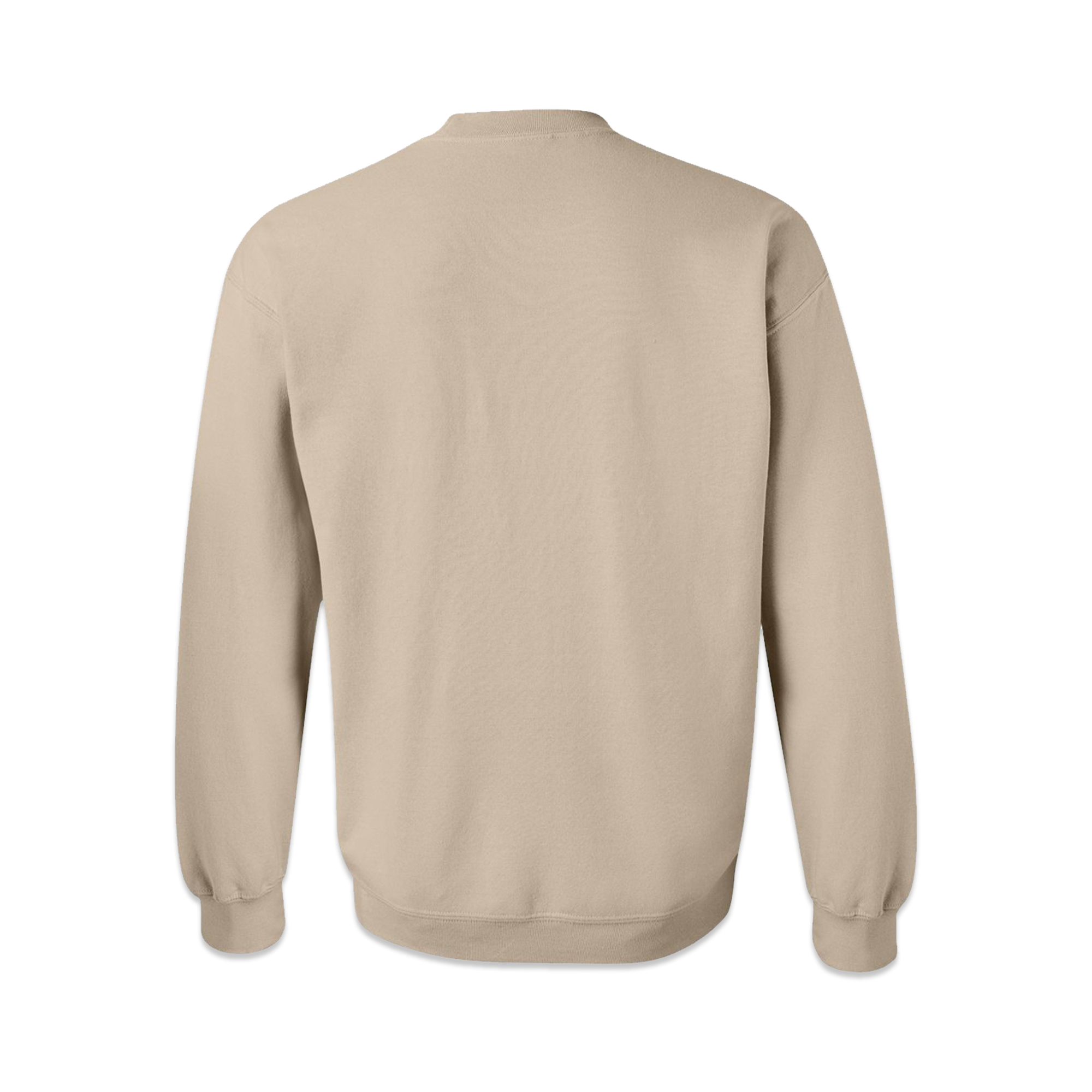 The back of a tan crewneck sweatshirt.