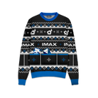 A festive black and blue holiday sweater featuring various camera-related logos and IMAX logo with 3 pockets on the front.