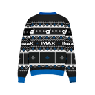 A festive black and blue holiday sweater featuring various camera-related logos and IMAX logo with 3 pockets on the front.