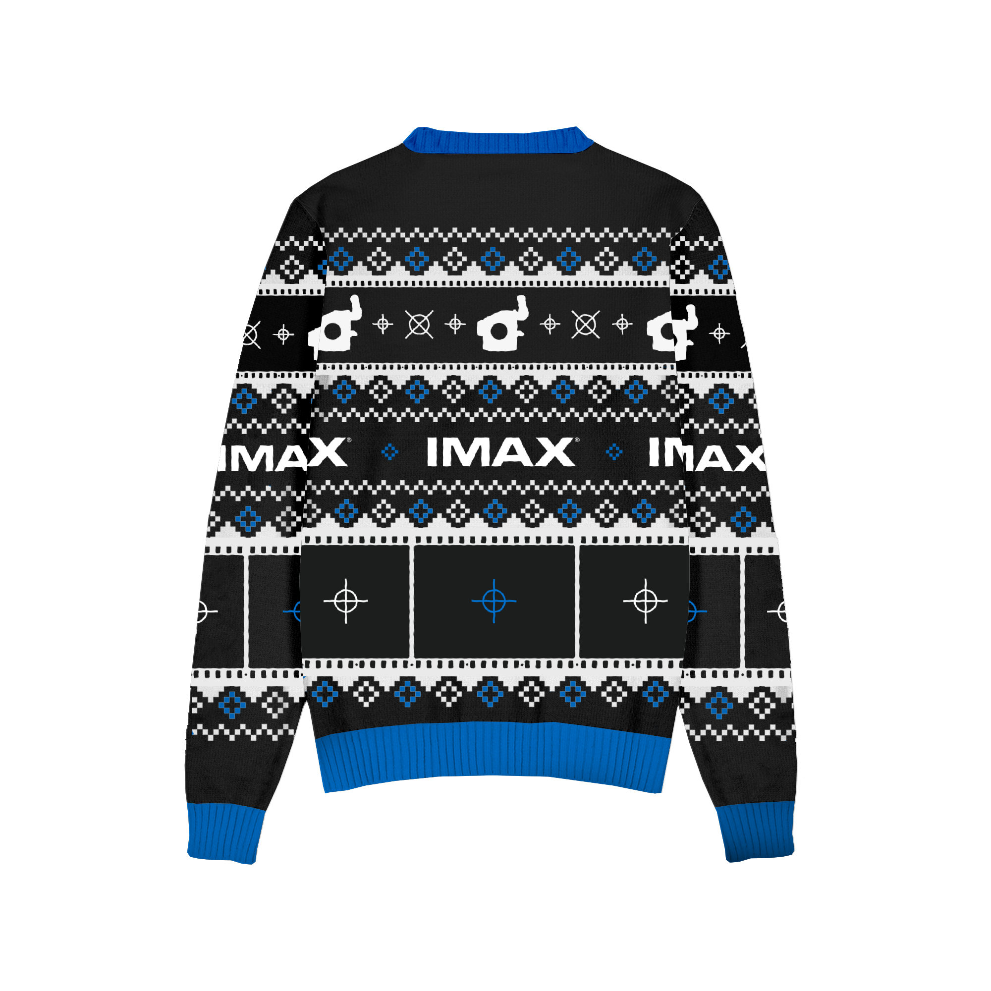 A festive black and blue holiday sweater featuring various camera-related logos and IMAX logo with 3 pockets on the front.