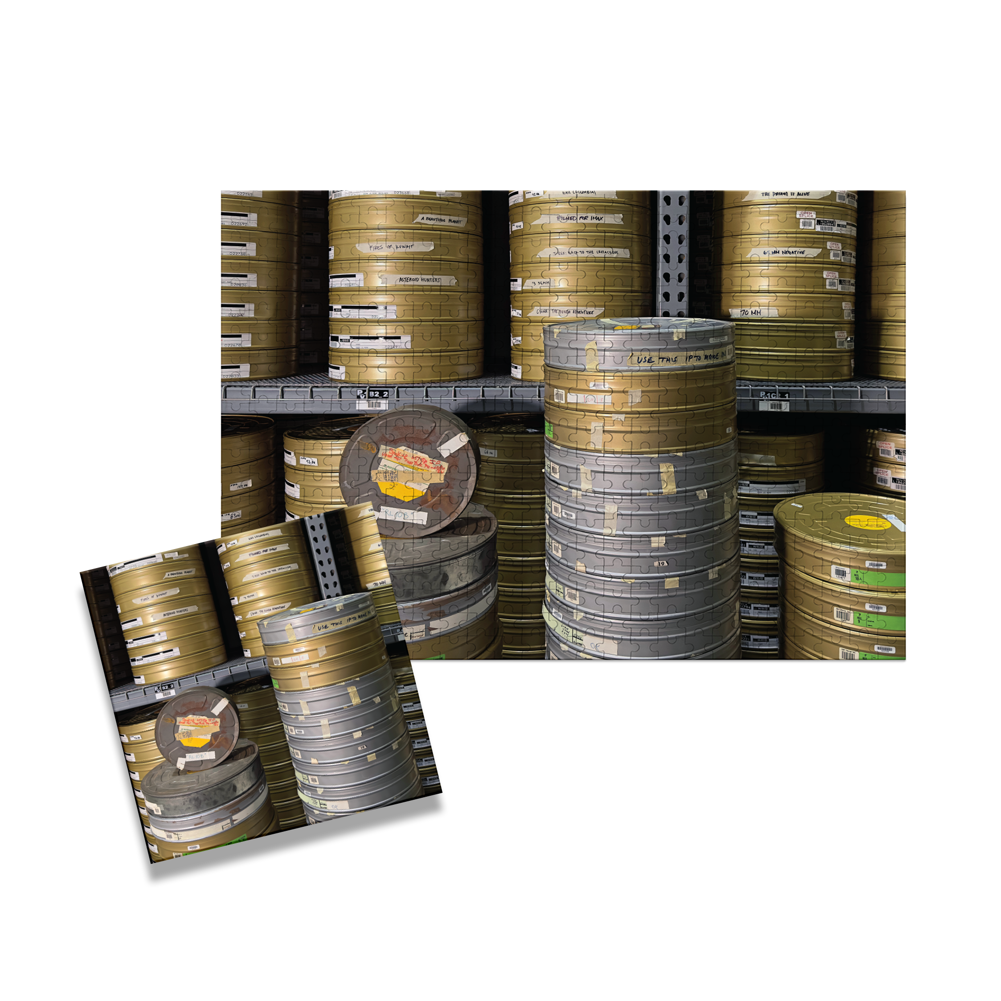 A puzzle that depicts the IMAX film vault with multiple film canisters stacked on top of each other and the box for the puzzle.