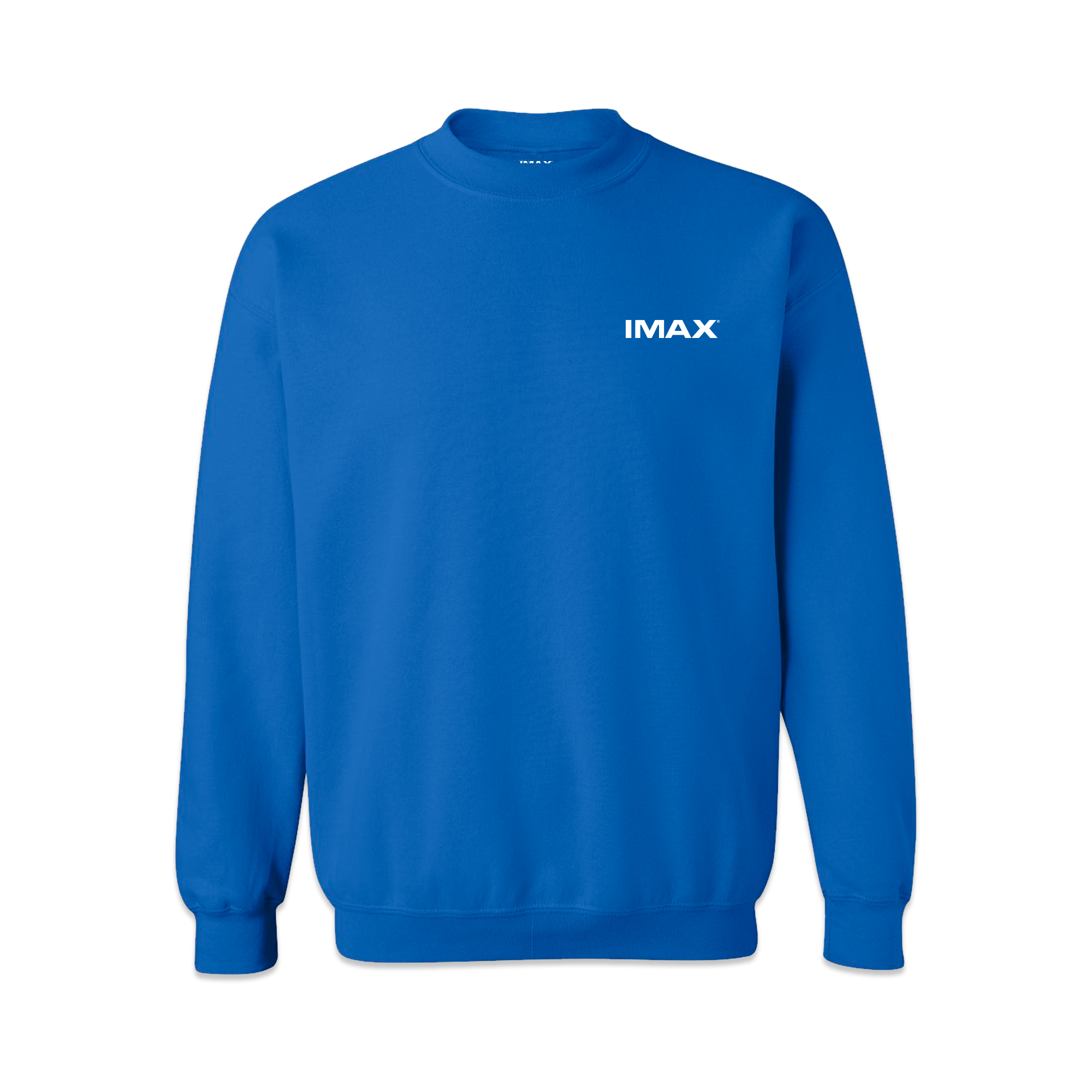 The front of a blue crewneck sweatshirt with a white IMAX logo.