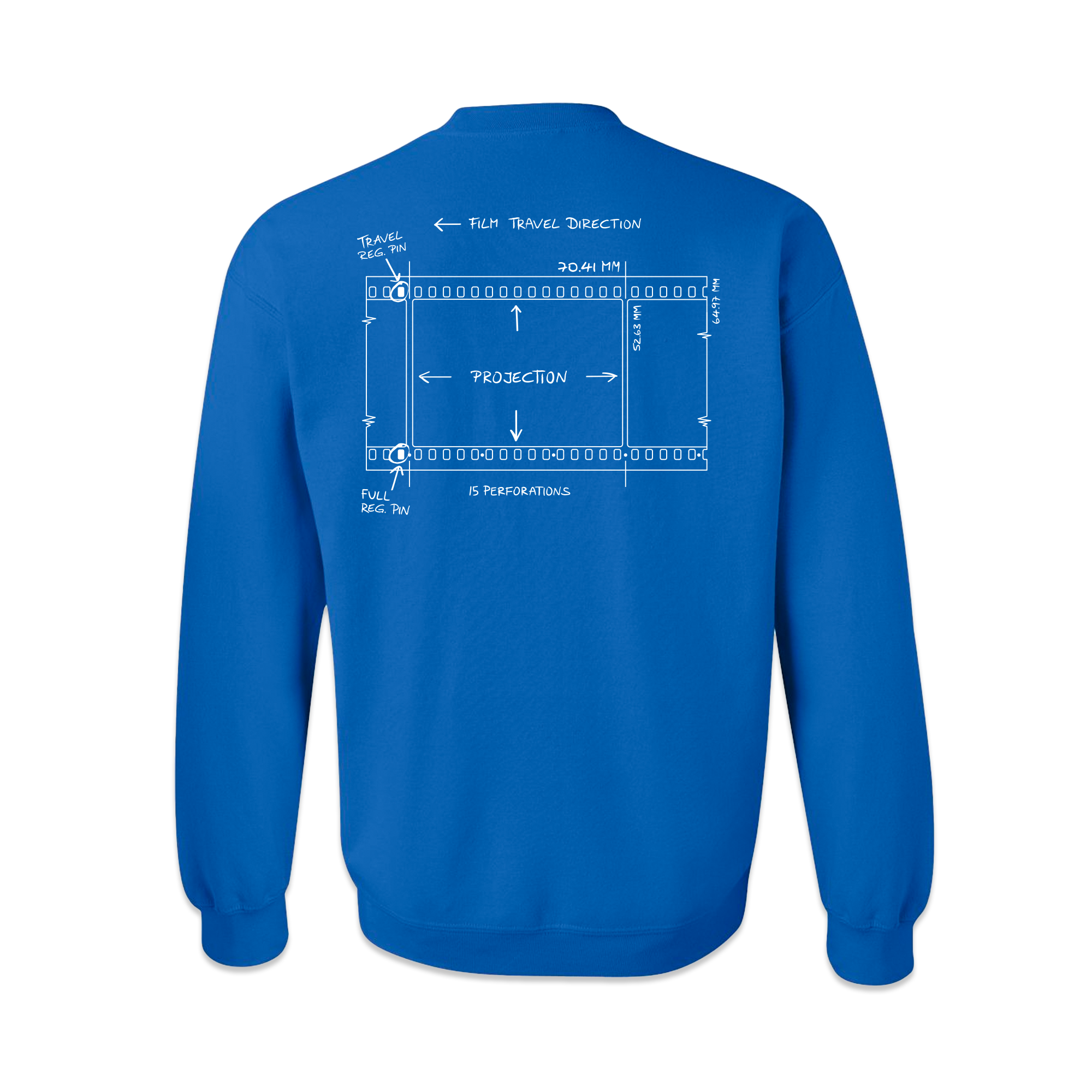 The back of a blue crewneck sweatshirt depicting a line art design of an IMAX 70mm filmstrip.