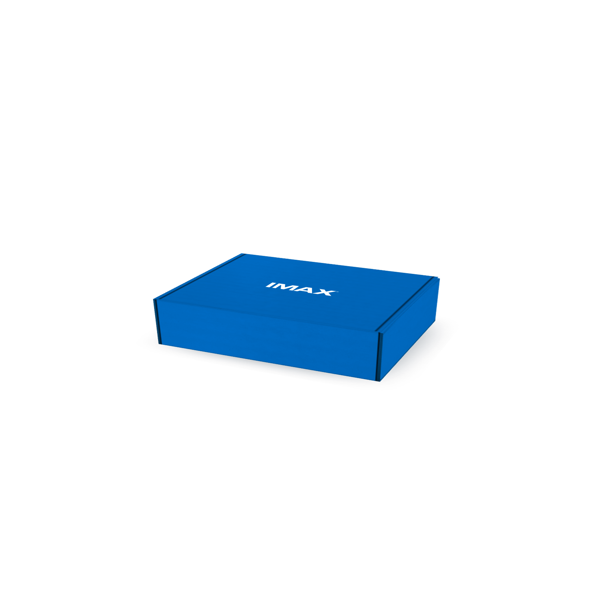 A closed blue gift box with an IMAX logo on the top.