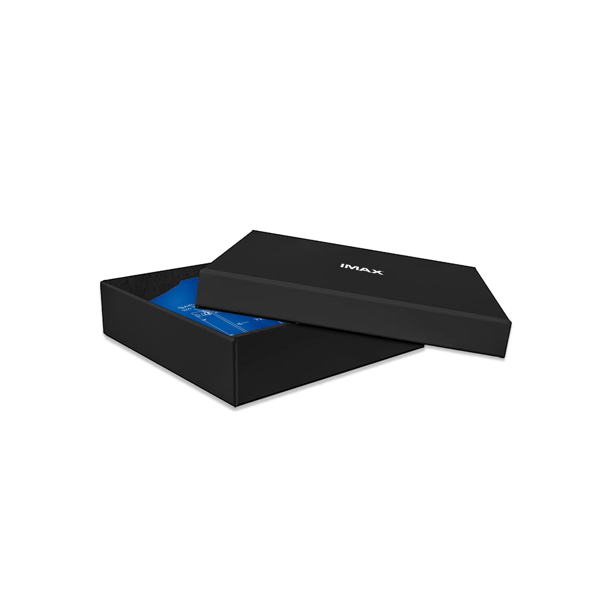 A black gift box featuring a white IMAX logo, containing a crewneck sweatshirt from the 15/70 collection in blue, an IMAX ‘Nothing’ Bar chocolate bar from the Compartés x IMAX collection, and two frames of an IMAX 70mm print of the documentary “The Dream is Alive”.