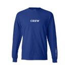 The front of a blue, long sleeve T-shirt with Crew written in white letters.