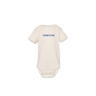 The front of a baby onesie in off-white with the word Director written in blue in the front.