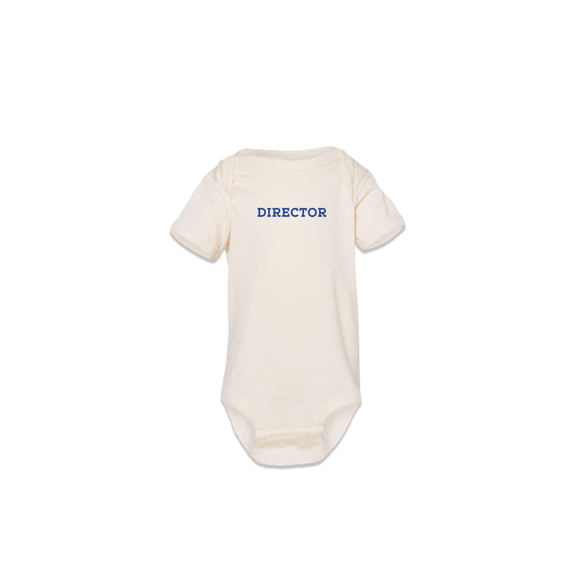 The front of a baby onesie in off-white with the word Director written in blue in the front.