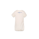 The back of a baby onesie in white with An IMAX Original written in blue letters toward the top.