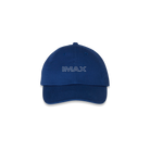 The front of a blue dad hat with the retro 'IMAX' logo in white across the front.