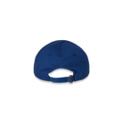 The back of a blue hat featuring a buckle closure.