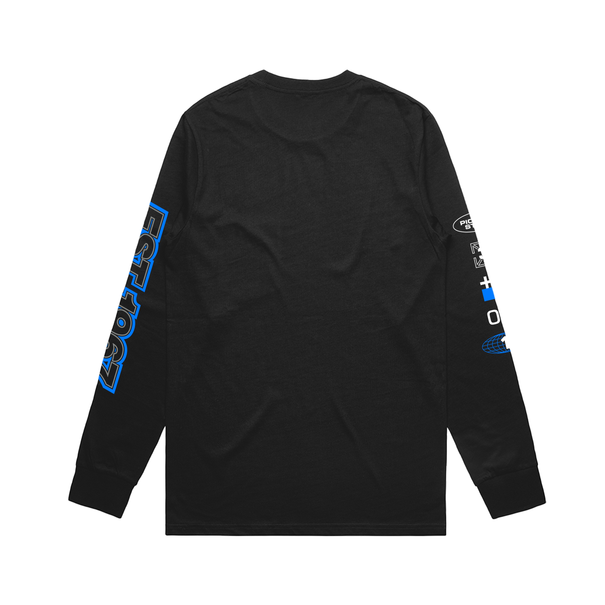 Black long-sleeve shirt with blue text on sleeves against a white background