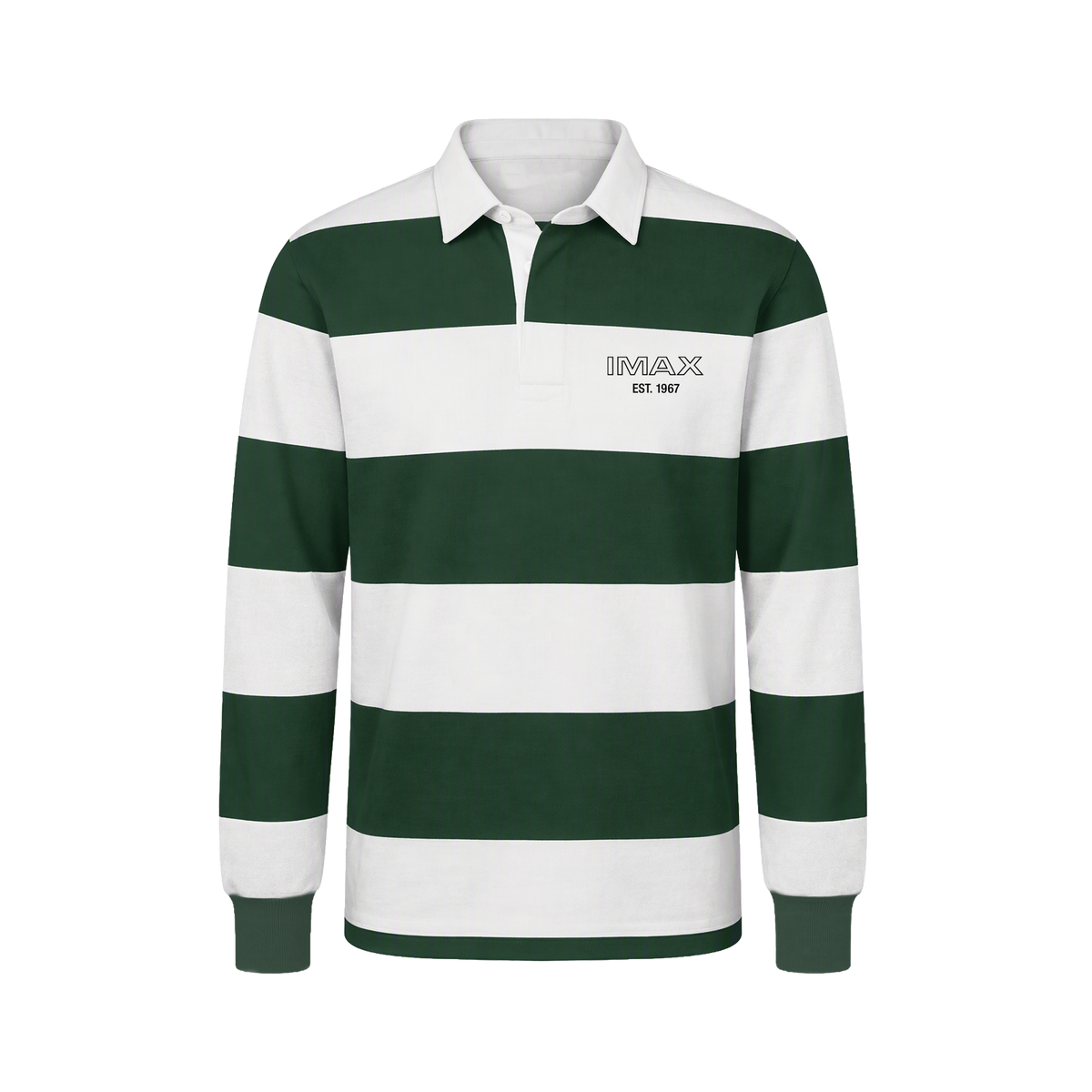 Green and white striped rugby style long sleeve polo with a white collar. Green embroidered IMAX est 1967 small on the left chest.