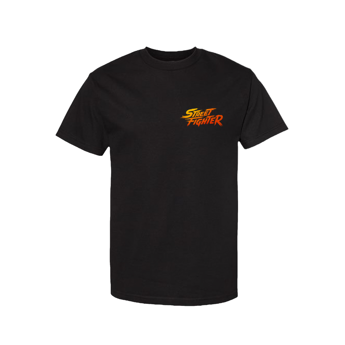 Black IMAX x Street Fighter short-sleeve T-Shirt with Ken's Hadoken move artwork across the back and IMAX logo graphic. Font graphic is the traditional Street Fighter Logo small on the left chest of the shirt.