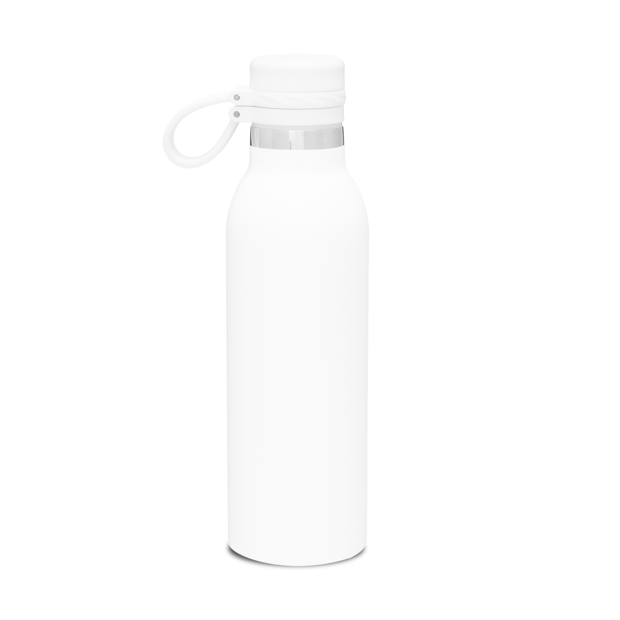The back of a white, reusable water bottle.