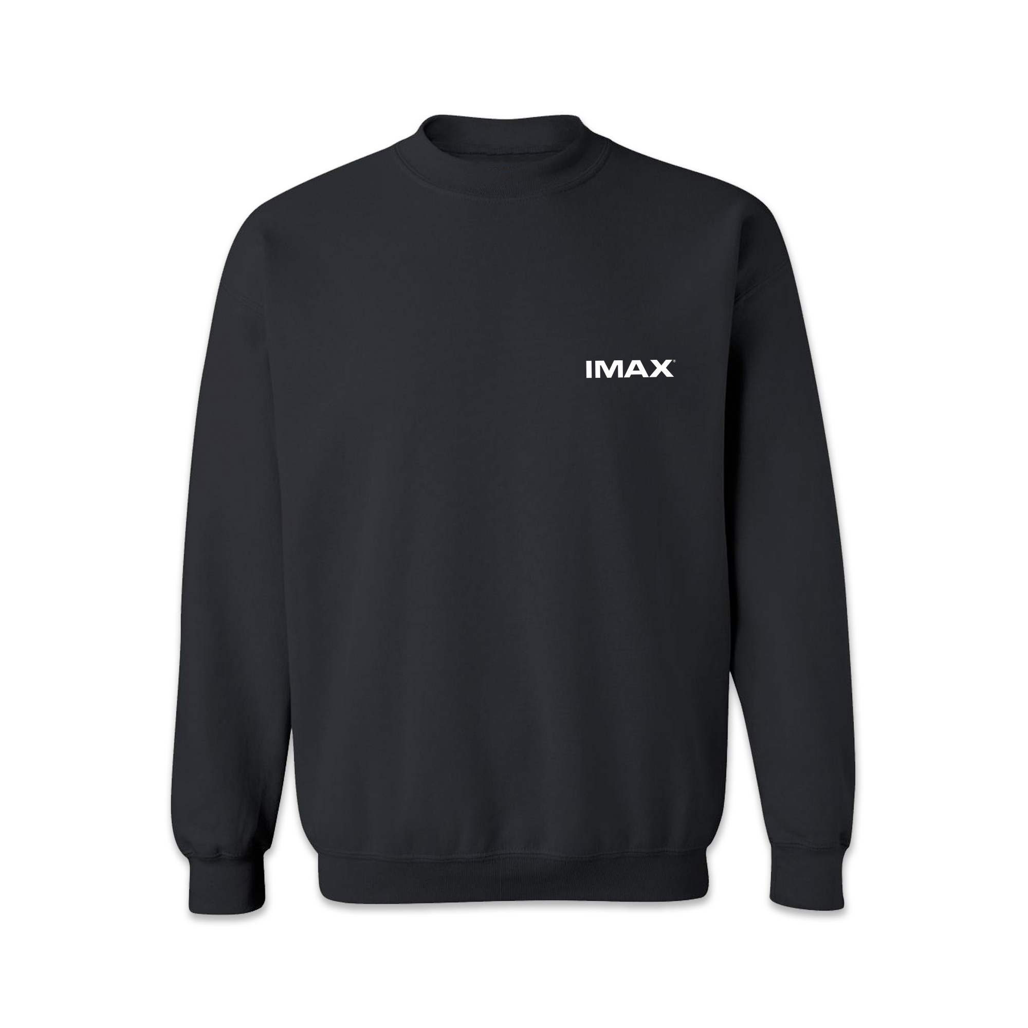 The front of a black crewneck sweatshirt with a white IMAX logo.