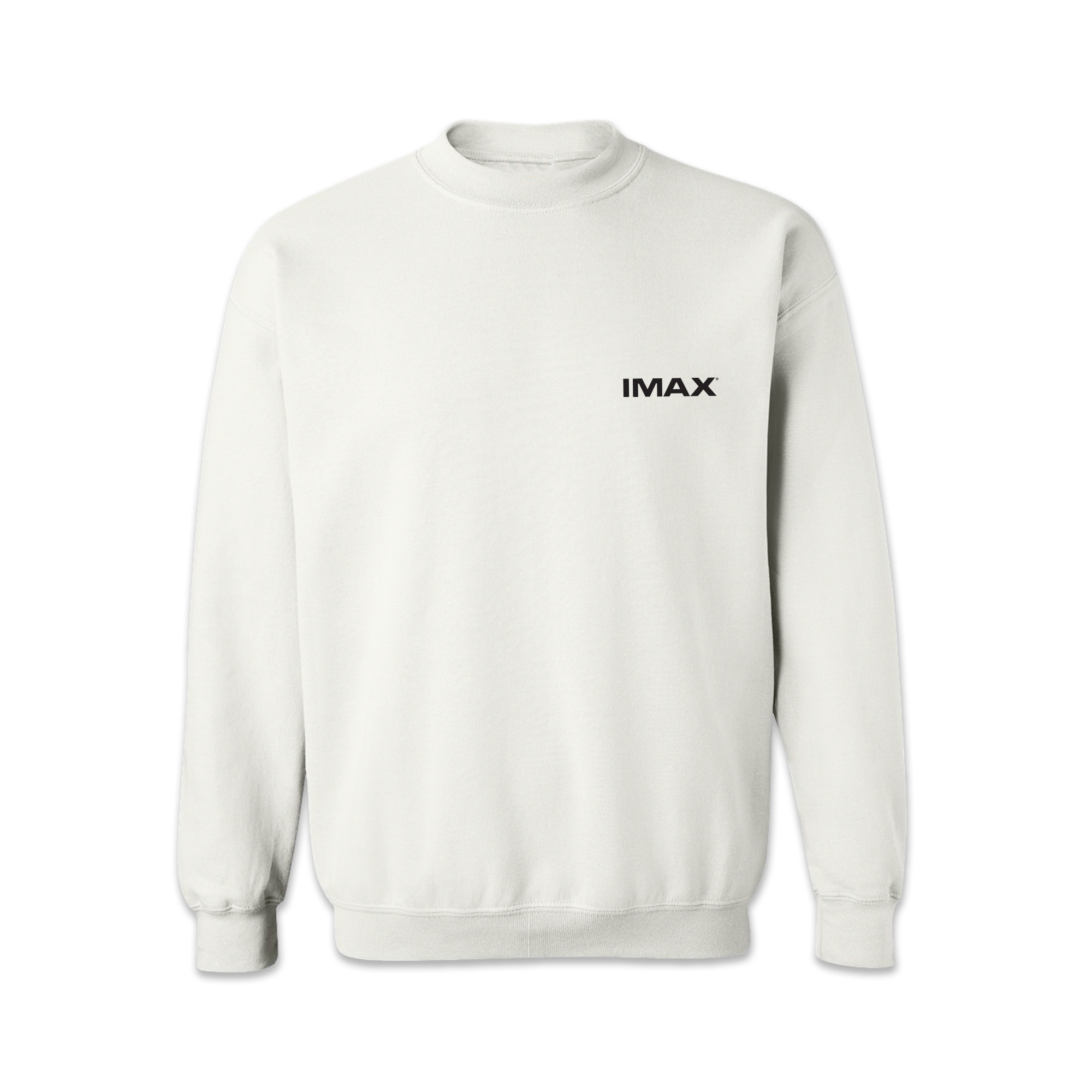 The front of a white crewneck sweatshirt with a black IMAX logo.