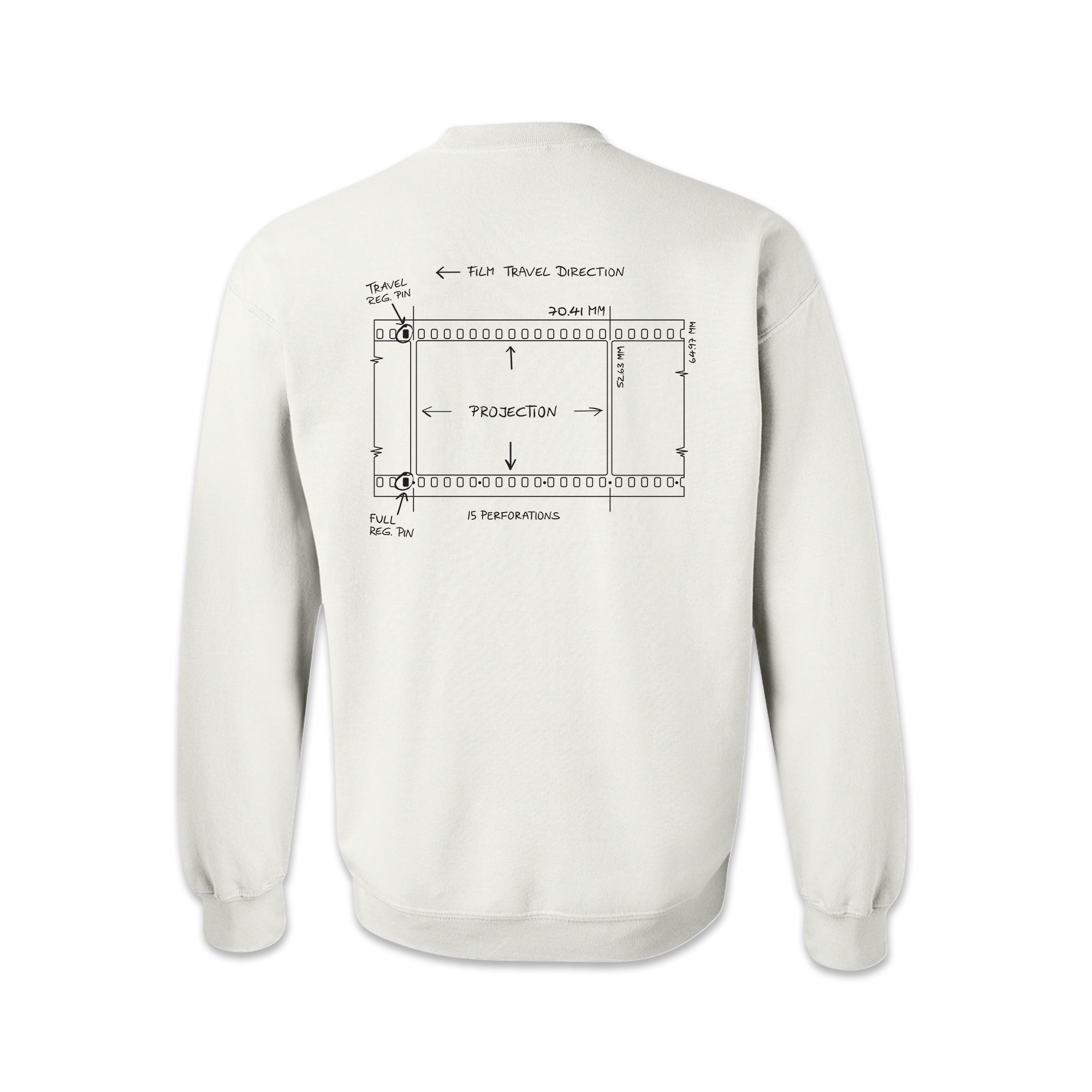 The back of a white crewneck sweatshirt depicting a line art design of an IMAX 70mm filmstrip.