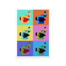 A multicolored poster featuring an IMAX film camera arranged in various colored boxes.