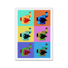 A framed multicolored poster featuring several IMAX film cameras arranged in various colored boxes.