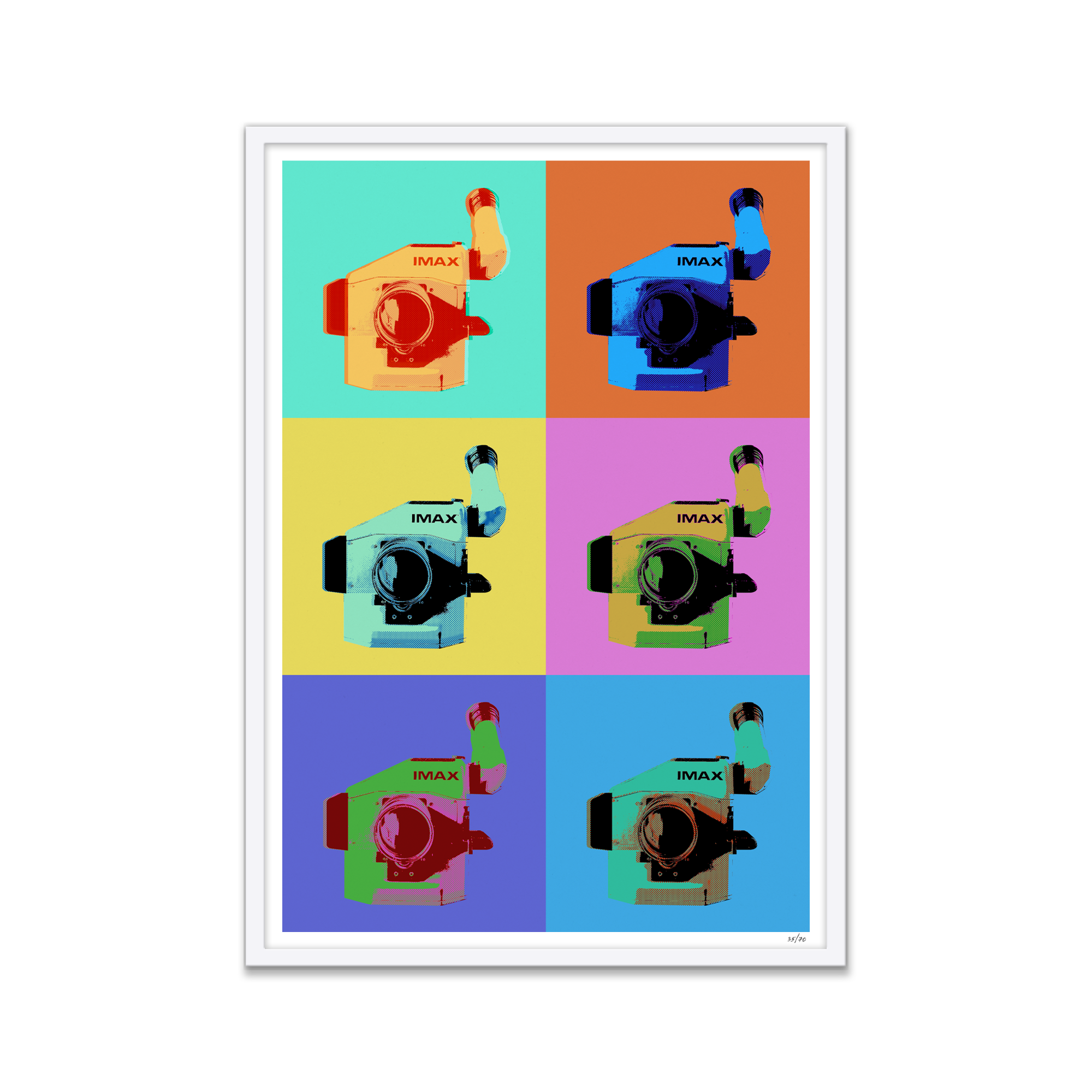A framed multicolored poster featuring several IMAX film cameras arranged in various colored boxes.
