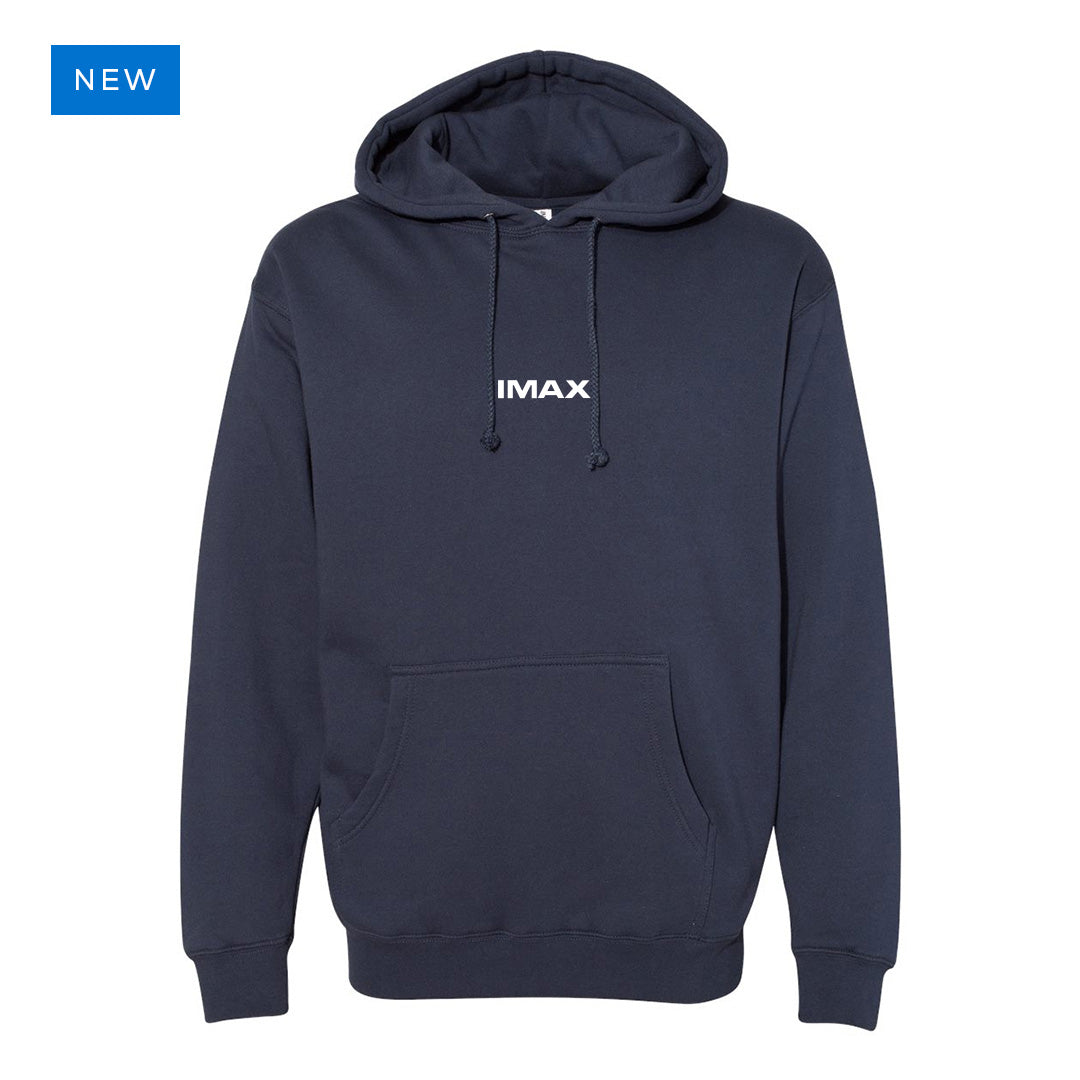 Navy blue IMAX hoodie with a white IMAX logo printed on the center chest in the front and a technical line-art illustration of the IMAX Keighley Film Camera on the back.