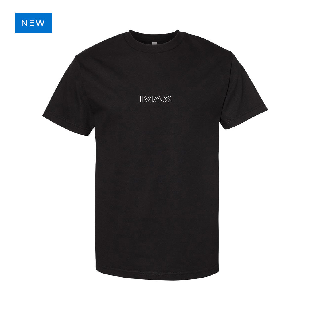 Black IMAX T-shirt featuring a small outlined IMAX logo centered on the chest in the front and a collage graphic of the new IMAX 15/65mm camera and lens components on the back