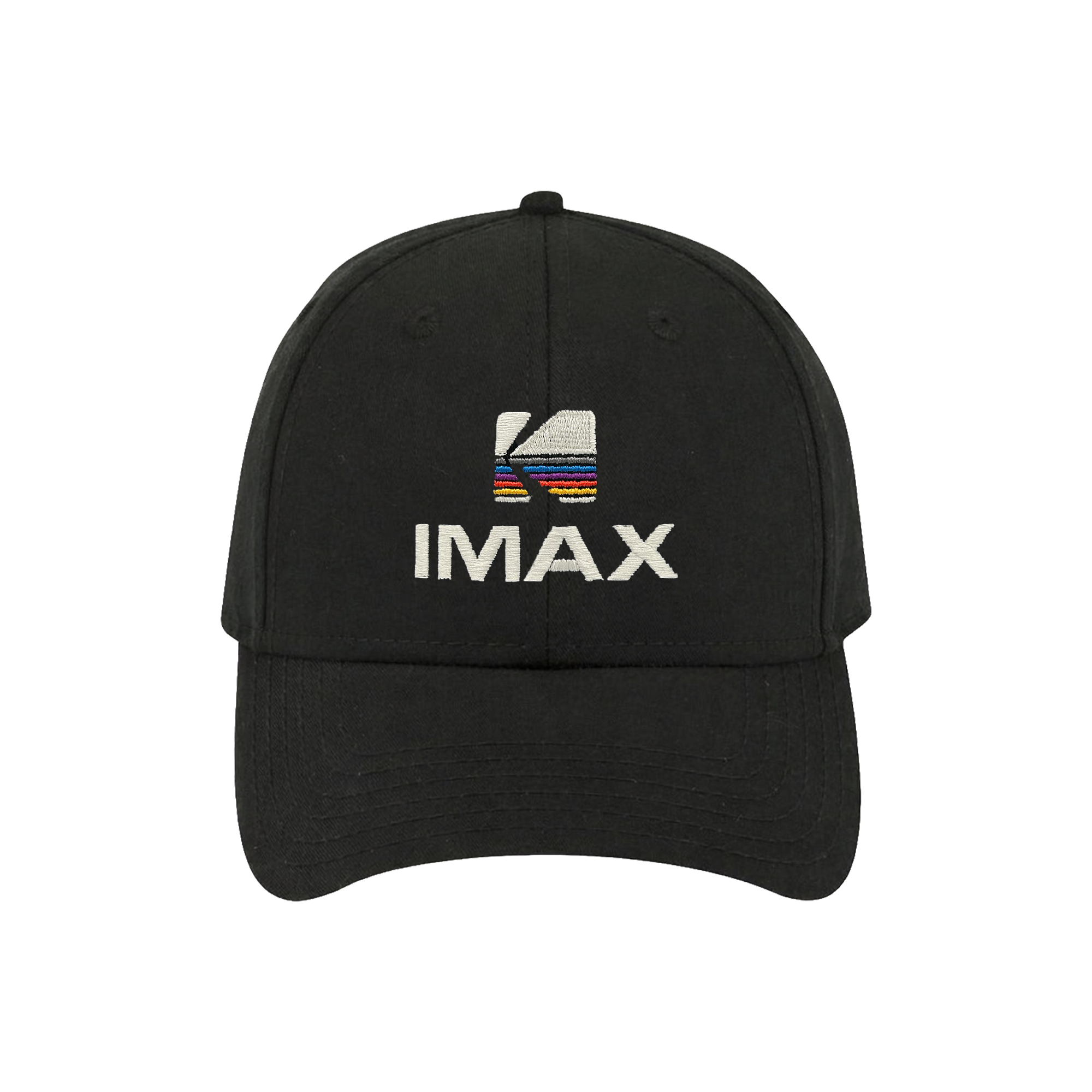 Black IMAX baseball cap with white embroidered IMAX logo and kodak logo on the front, and small orange Kodak logo detail on the side.