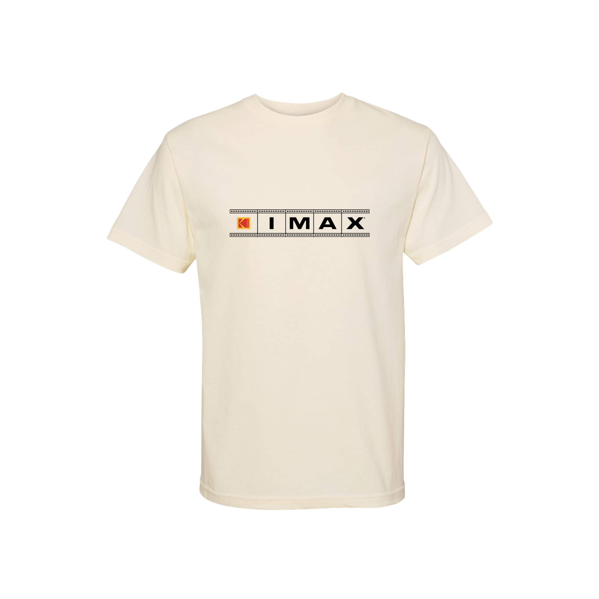 Cream IMAX short-sleeve T-shirt with horizontal filmstrip graphic, orange Kodak logo, and black IMAX logo across the chest.