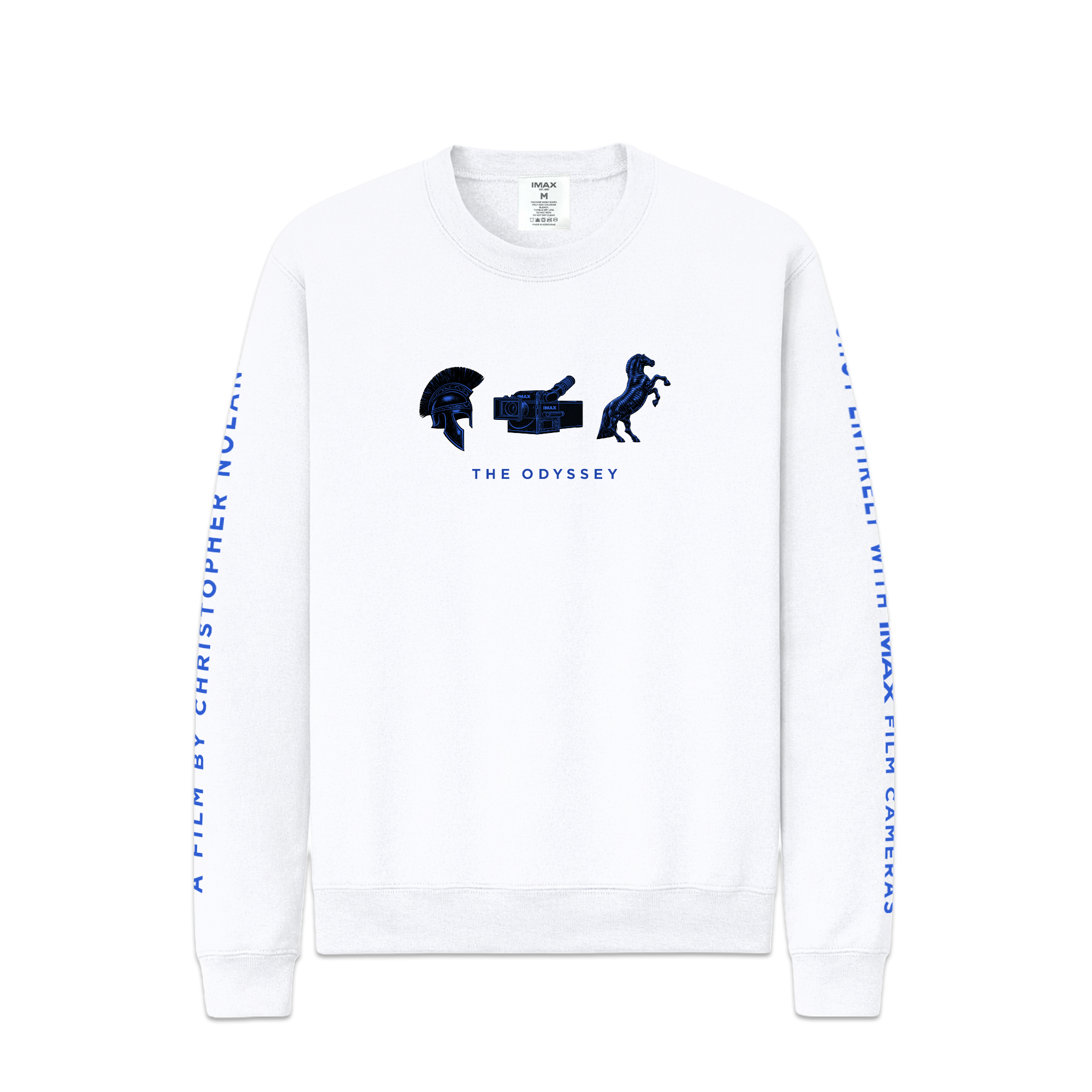 White sweatshirt with graphic design and text on a white background