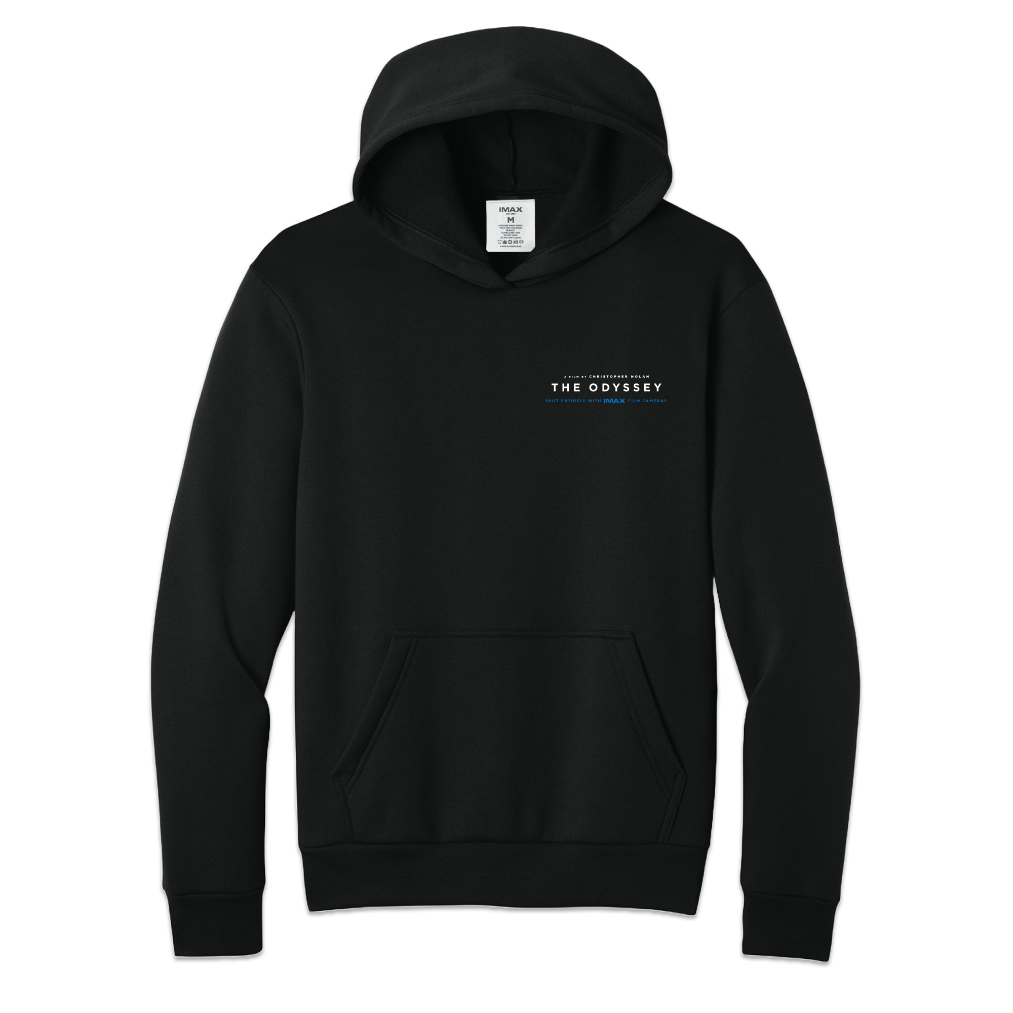 Black hoodie with 'The Odyssey' logo on a white background